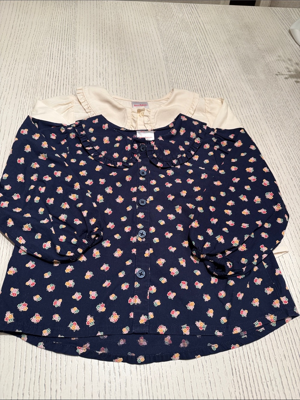 Pair of Hanna Andersson Button-Front Collared Blouses - Navy Floral and Cream